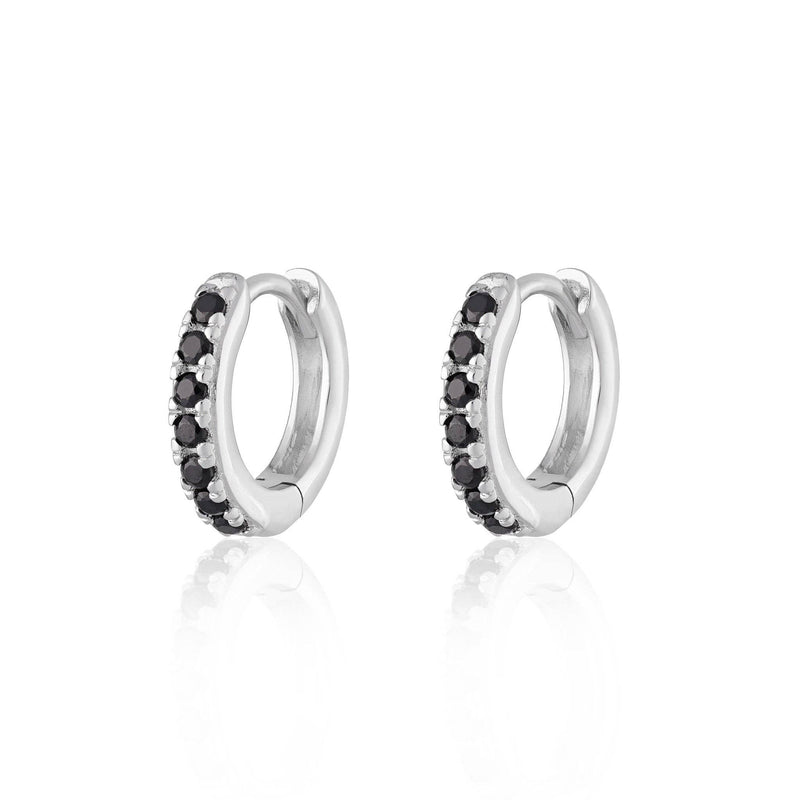 Huggie Earrings With Black Stones | Rhodium Plated Sterling Silver