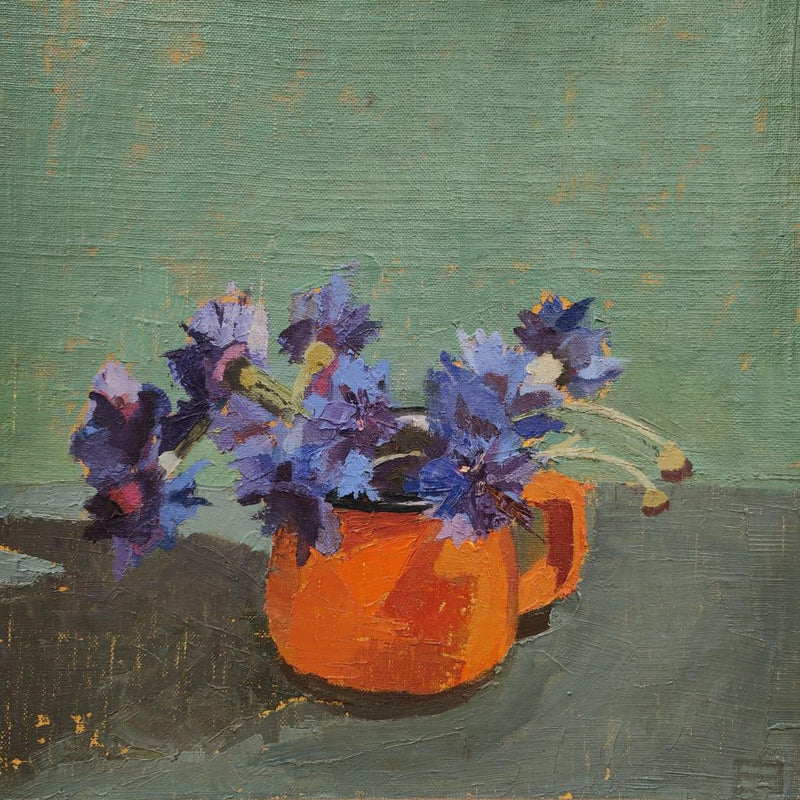 'Cornflowers in an Enamel Cup', Oil Painting, Framed