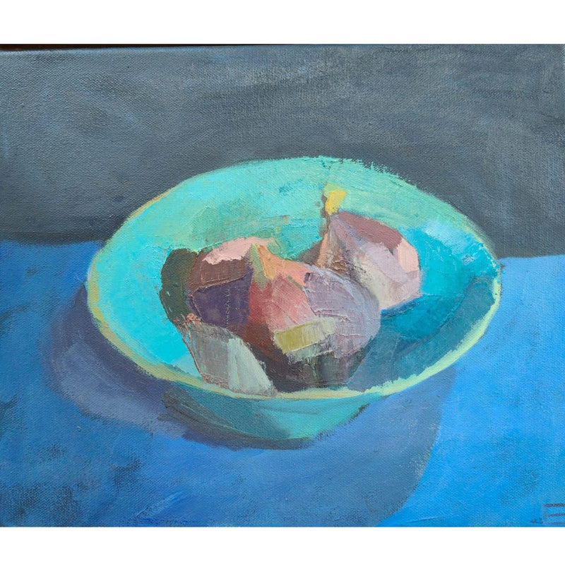 'Figs in a Turquoise Bowl', Oil Painting, Framed
