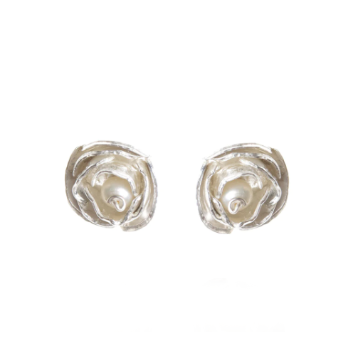 Small Peony Studs, Silver and Pearl