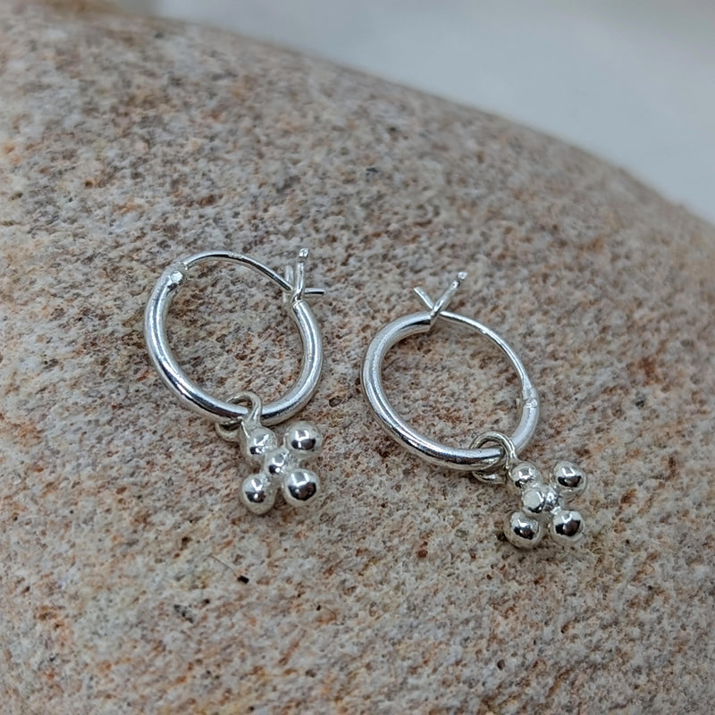 Hinged Huggies with Flower Charm, Silver