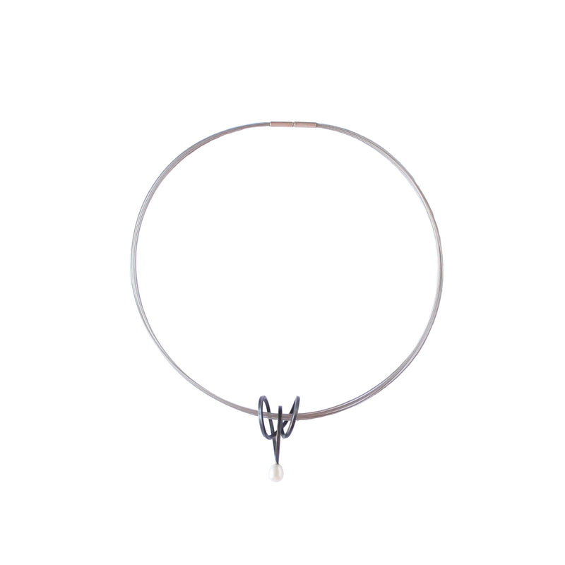 Chaos Twist Pendant in Oxidised Silver With Pearl