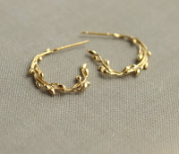 Olive Branch Hoop Earrings, Gold Plate