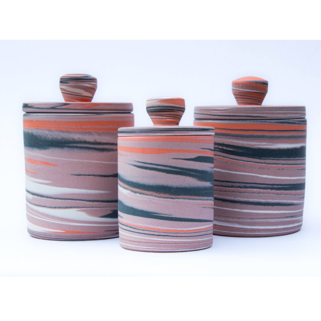 Polished Porcelain Lidded Vessel With Black, Orange and Pink Swirls