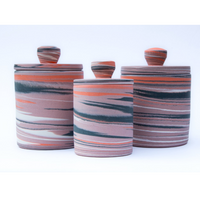 Polished Porcelain Lidded Vessel With Black, Orange and Pink Swirls