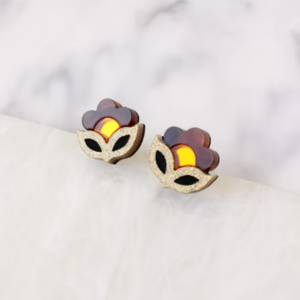 Floral Mini Stud Earrings-Red and Gold