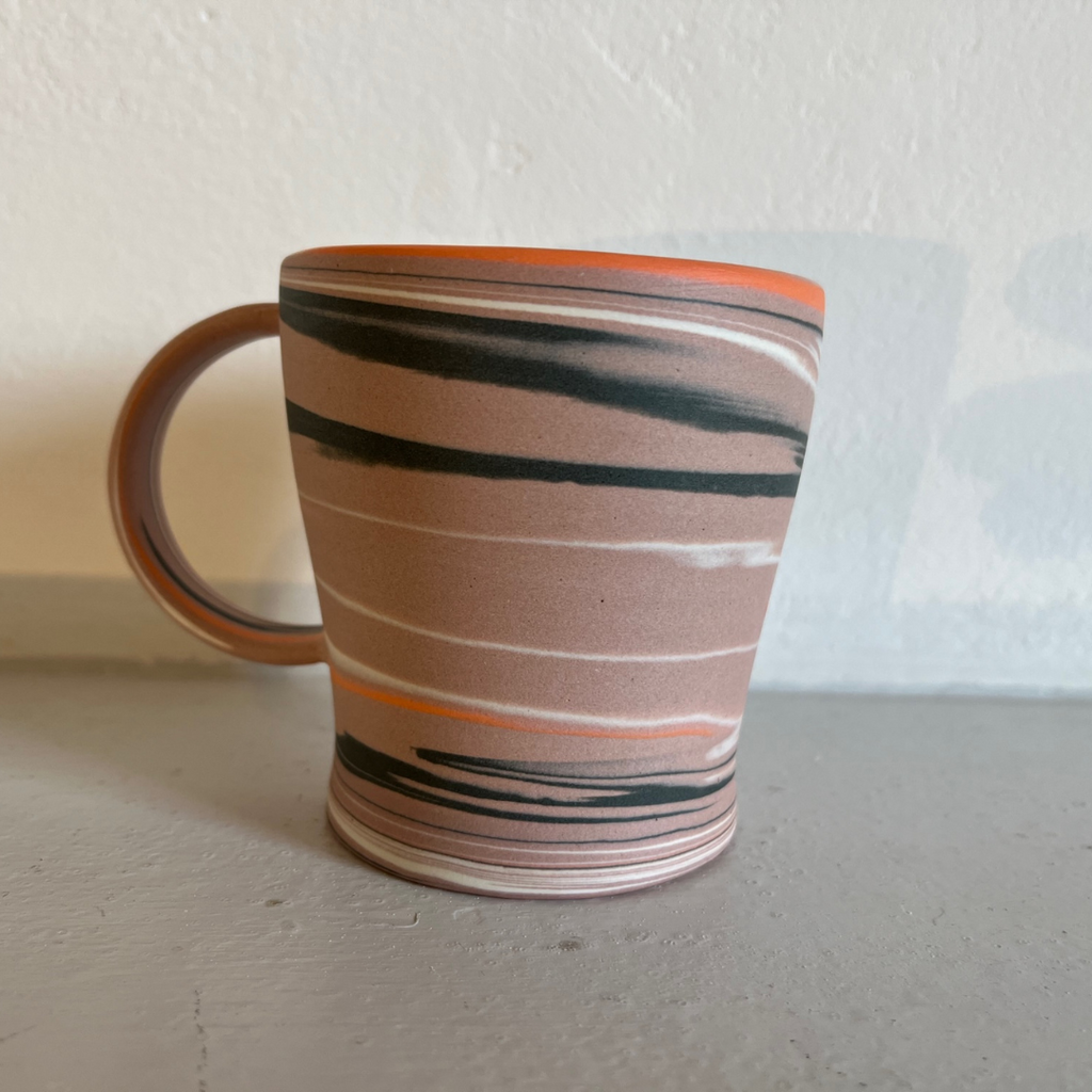 Polished Porcelain Cup Pink, Orange and Black Swirls