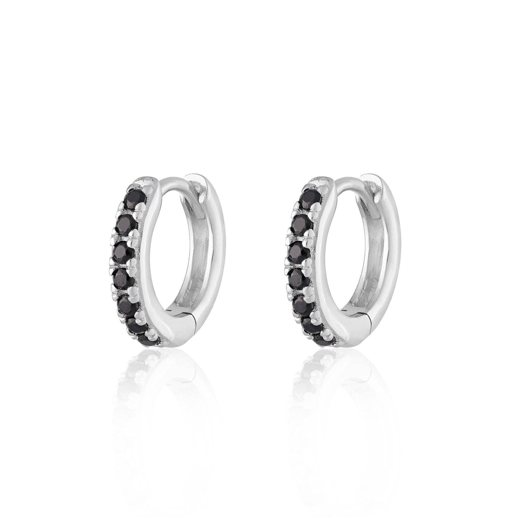 Huggie Earrings With Black Stones | Rhodium Plated Sterling Silver