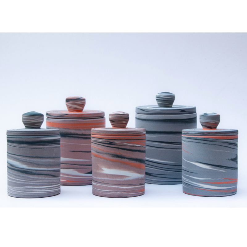 Polished Porcelain Lidded Vessel With Black, Orange and Pink Swirls