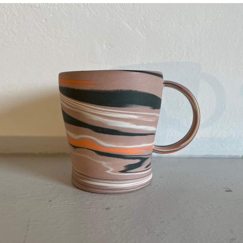 Polished Porcelain Cup Pink, Orange and Black Swirls