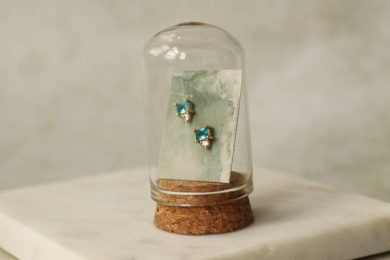 Art Deco Aquamarine Turquoise Pyramid Stud Earrings