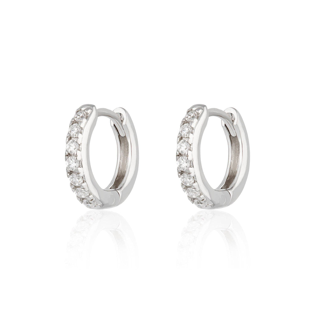 Huggie Earrings with Clear Stones | Rhodium Plated Sterling Silver