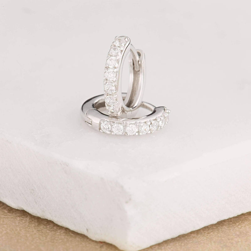 Huggie Earrings with Clear Stones | Rhodium Plated Sterling Silver