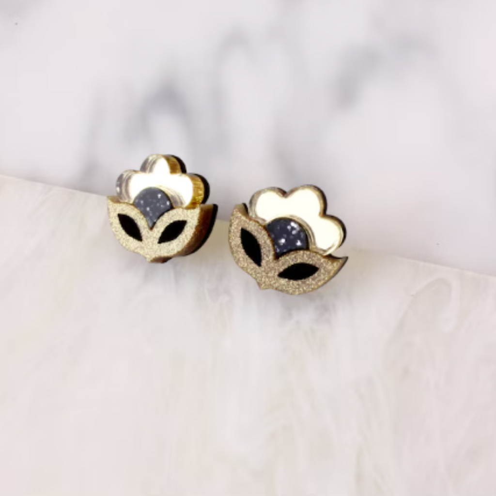Floral Mini Stud Earrings-Black and Gold