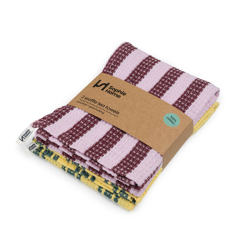 Cotton Waffle Tea Towel 2 Pack: Striped Burgundy