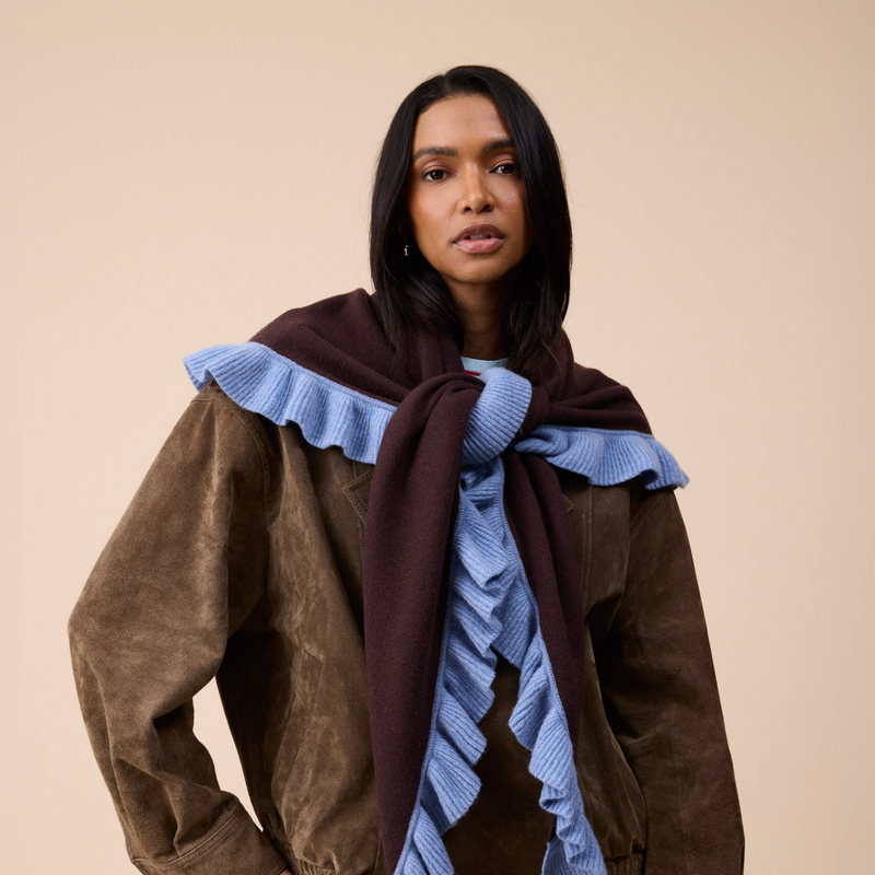 Large Merino Wool Triangle Scarf in Brown Ruffle
