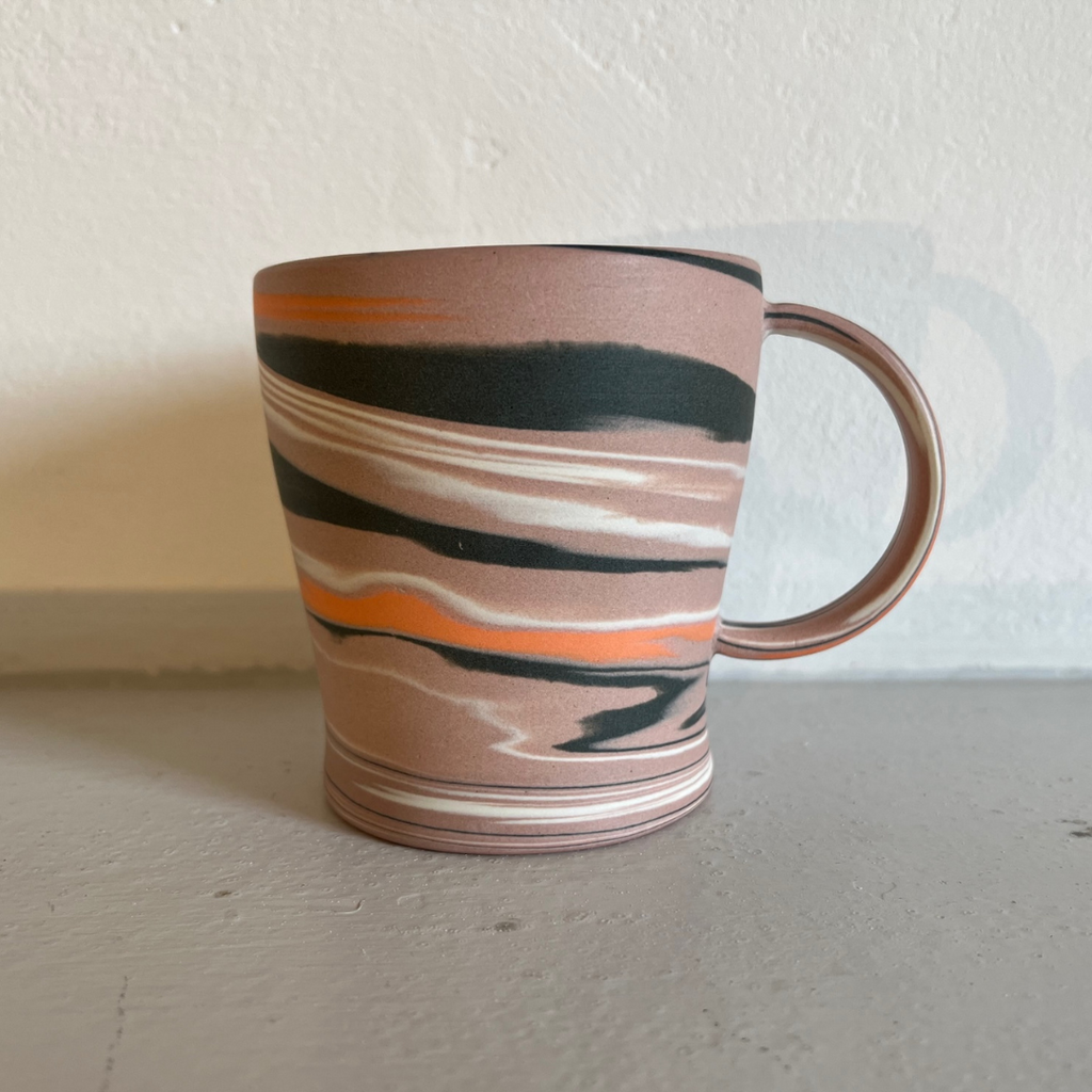 Polished Porcelain Cup Pink, Orange and Black Swirls