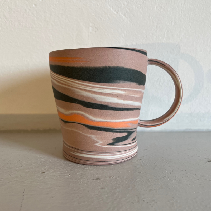 Polished Porcelain Cup Pink, Orange and Black Swirls