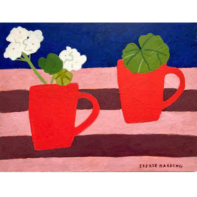 'Red Cups And Geraniums', Framed Acrylic Painting