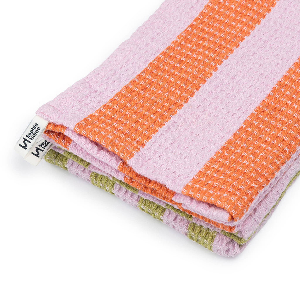 Cotton Waffle Tea Towel 2 Pack | Striped Pink