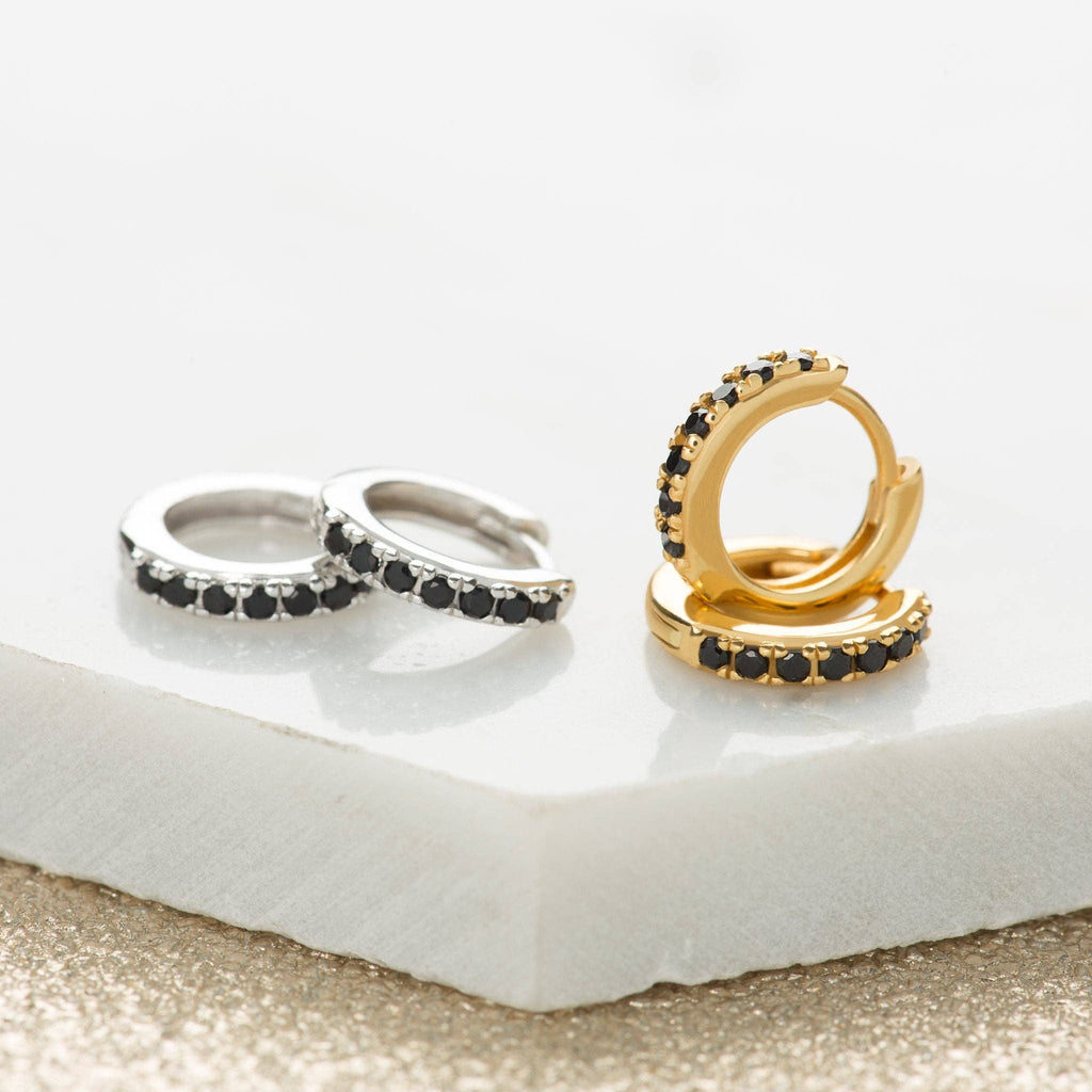Huggie Earrings With Black Stones | 18k Gold Plated Sterling Silver
