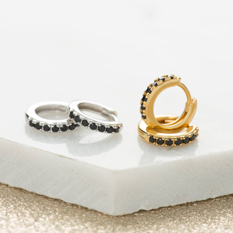 Huggie Earrings With Black Stones | 18k Gold Plated Sterling Silver