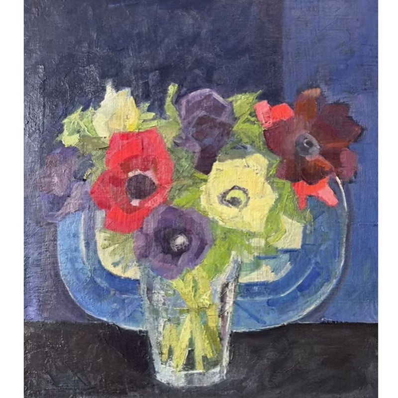'Anemones On Blue' Oil Painting, Framed