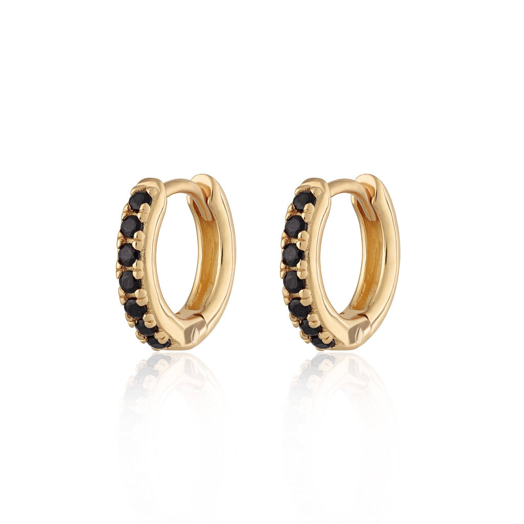Huggie Earrings With Black Stones | 18k Gold Plated Sterling Silver