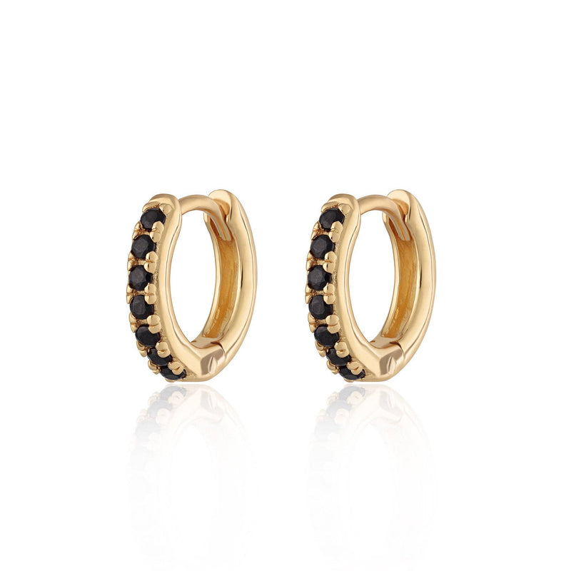 Huggie Earrings With Black Stones | 18k Gold Plated Sterling Silver