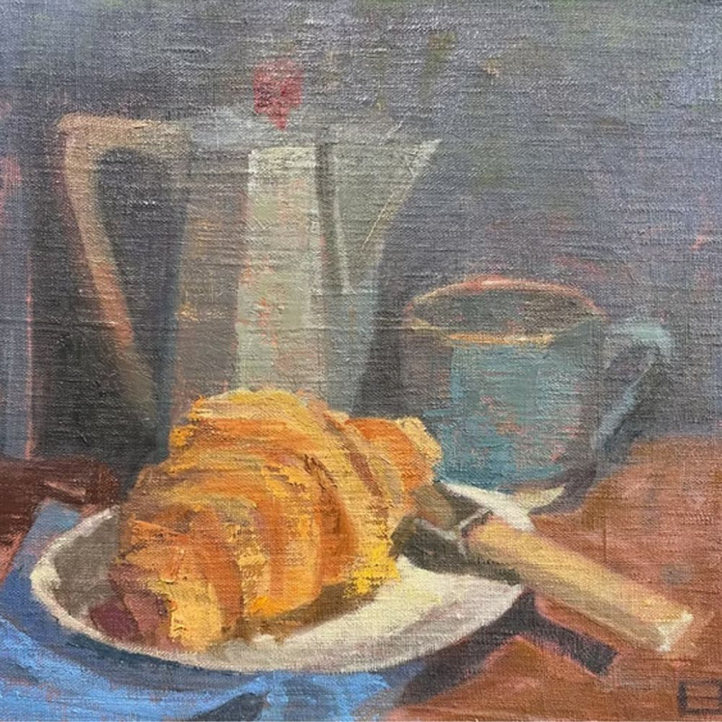 'Coffee And Croissant' Oil Painting, Framed