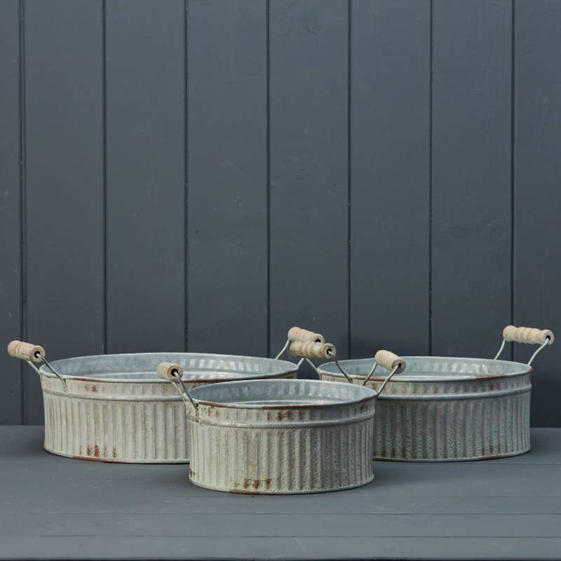 White Ribbed Zinc Planter Trays