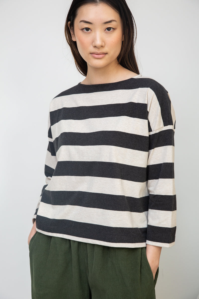 Leia-Sue Striped Top- Charcoal and Ecru Marl