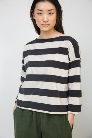 Leia-Sue Striped Top- Charcoal and Ecru Marl