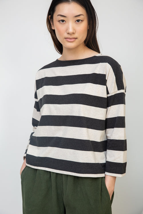 Leia-Sue Striped Top- Charcoal and Ecru Marl