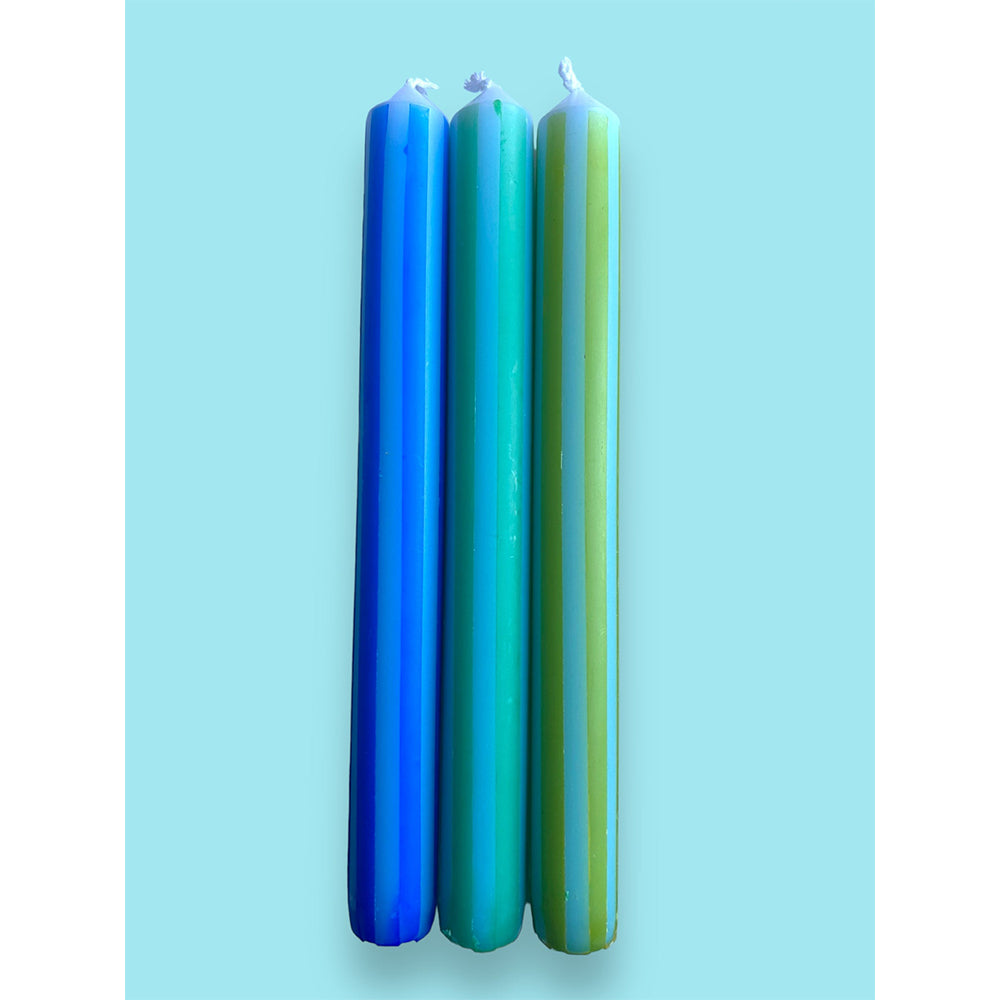 Blue Pinstripes Dip Dye Dinner Candles Trio
