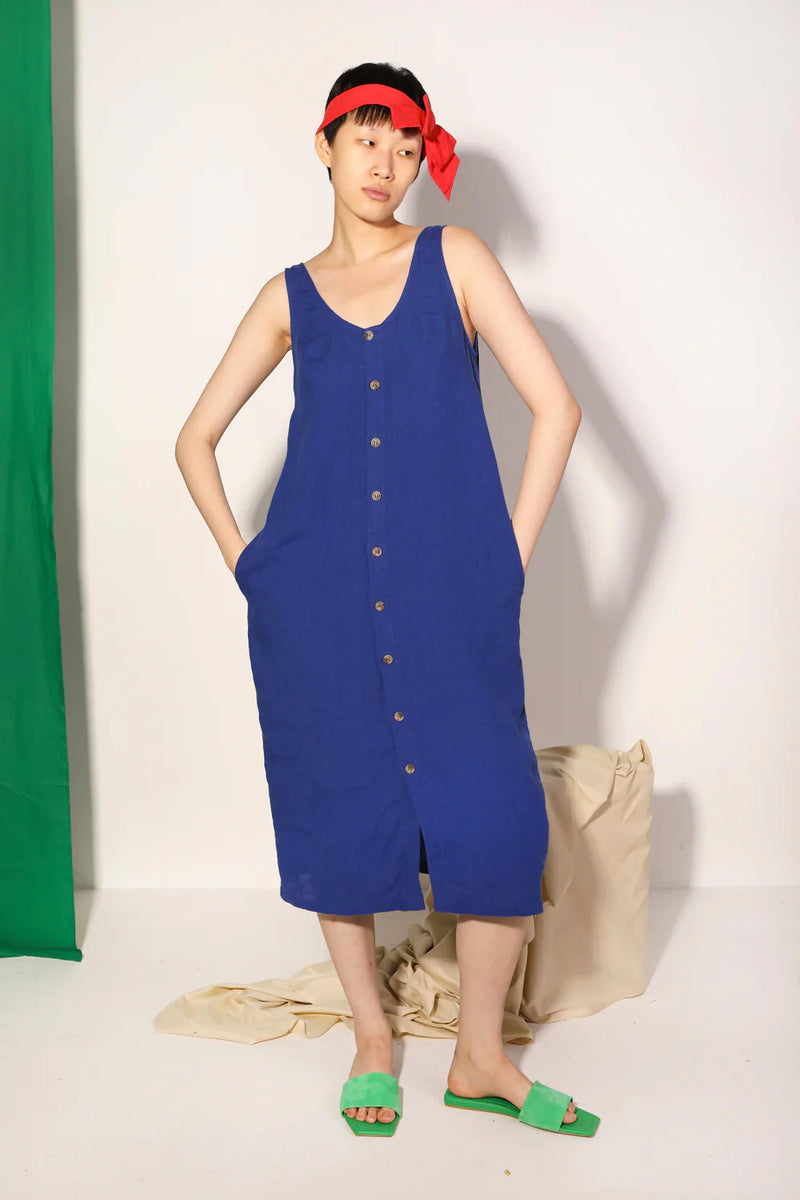 Button Front Linen Shift Dress - Cobalt