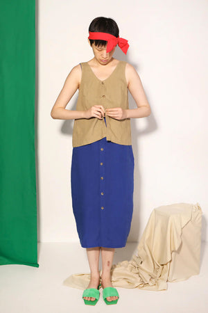 Button Front Linen Shift Dress - Cobalt