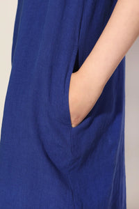 Button Front Linen Shift Dress - Cobalt