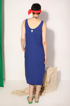 Button Front Linen Shift Dress - Cobalt