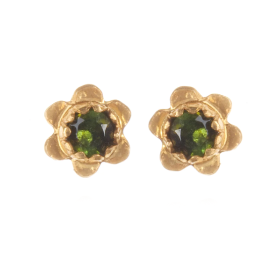Tiny Forget Me Not Studs, Green Tourmaline and Gold