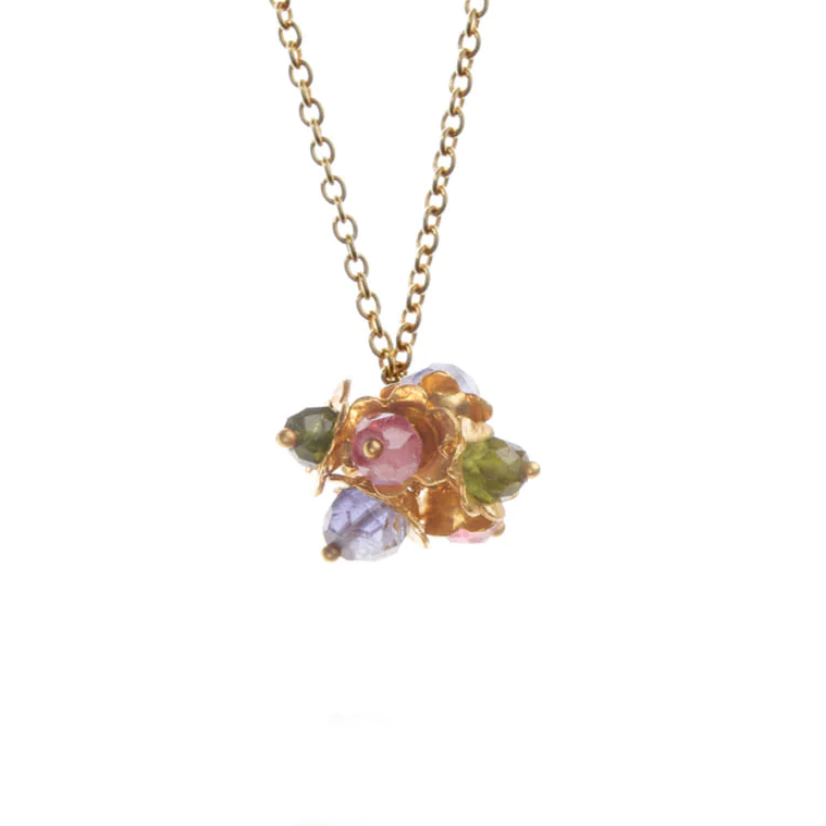 Forget Me Not Flower Pendant, Gold Plate and Mixed Stones
