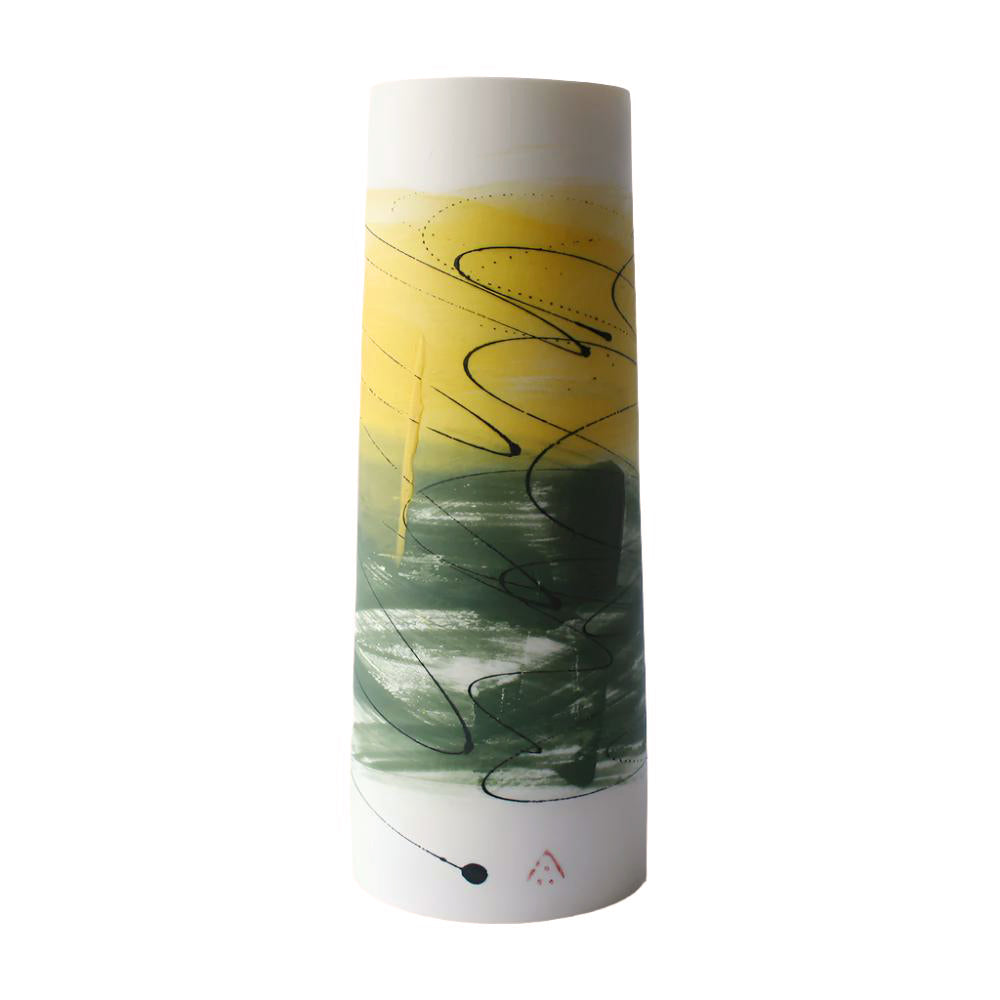 Cylinder Vase in Green and Yellow Monoprint