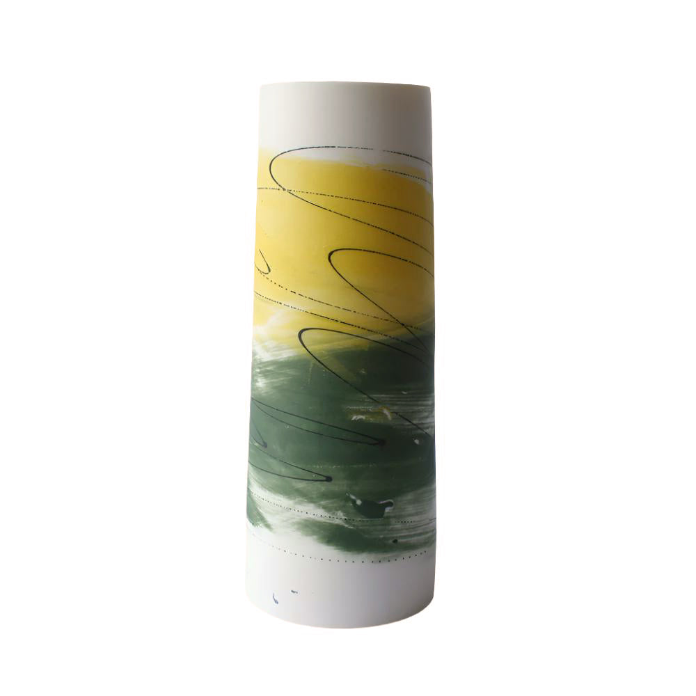 Cylinder Vase in Green and Yellow Monoprint