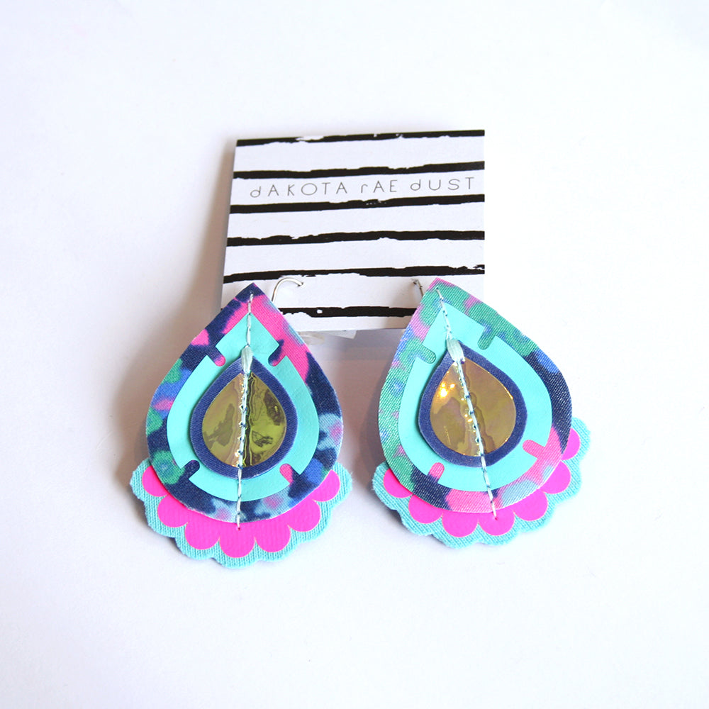 Statement Earrings - Blue, Green & Neon Pink