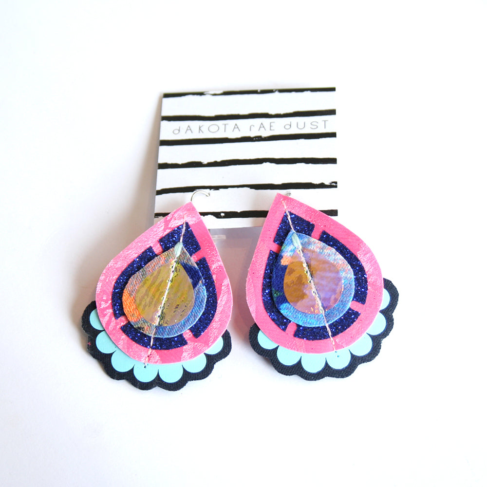 Statement Earrings - Shimmer, Blue & Pink