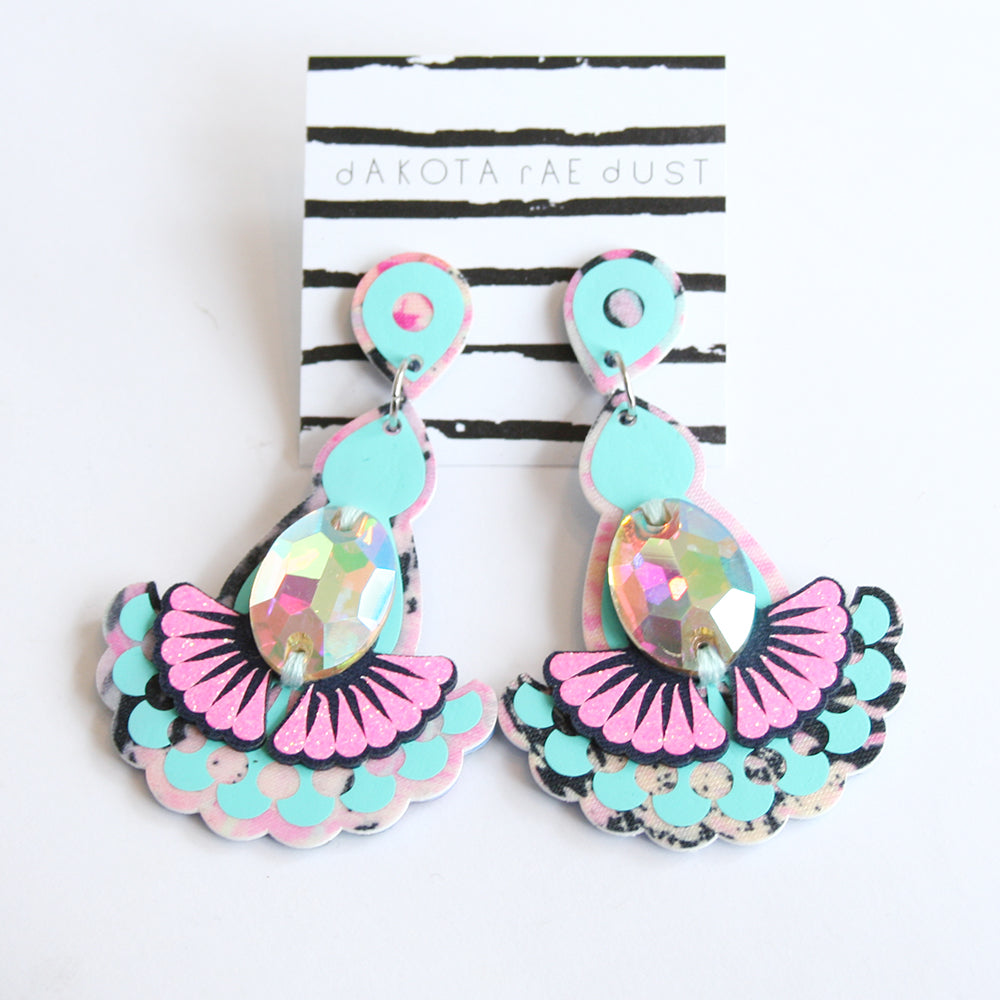 Statement Jewel Earrings - Sparkly Pink & Sky Blue