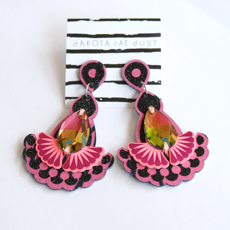 Statement Jewel Earrings - Sparkly Black & Pink