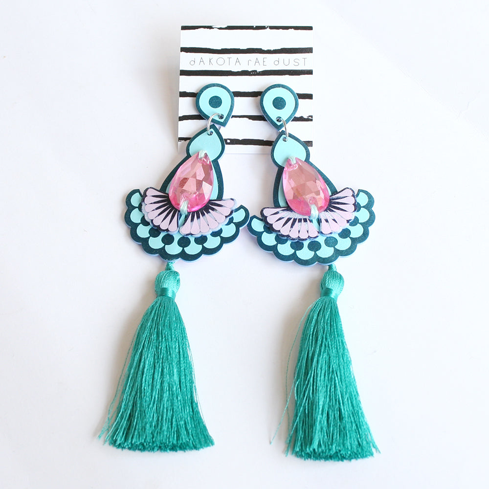 Large Statement Tassel Earrings - Sky Blue, Teal & Pink