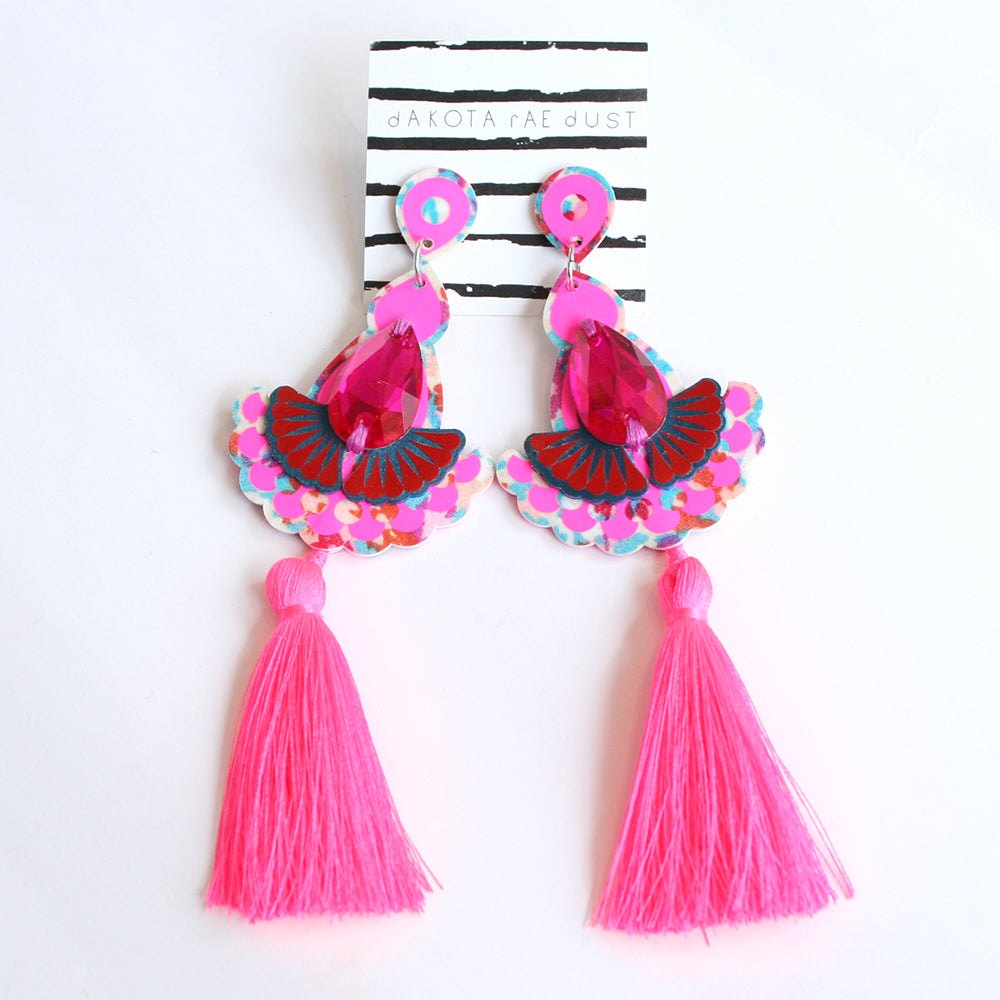 Large Statement Tassel Earrings - Neon Pink and Shimmer Red