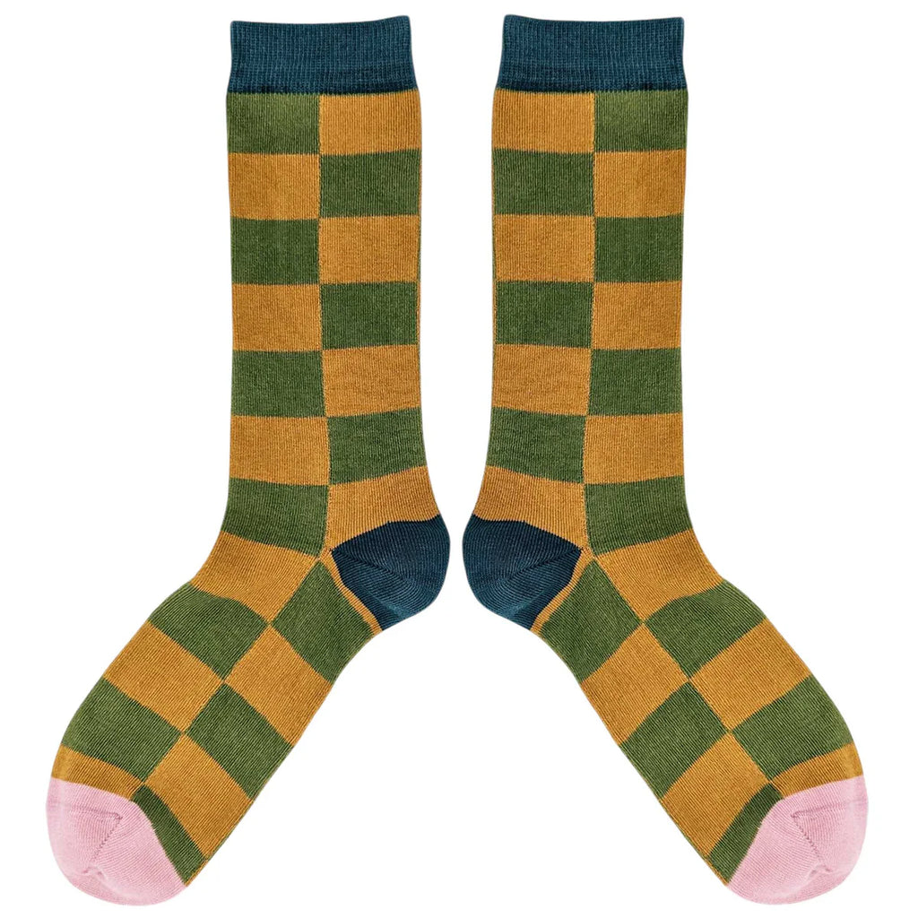 Men's Khaki & Ginger Check Cotton Socks